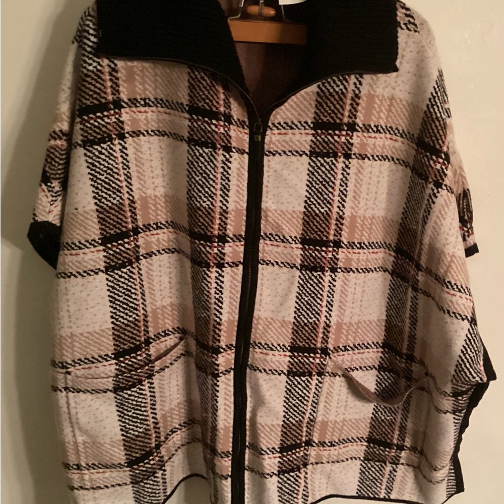 Plaid Zip-Up Women Poncho type Sweater for Fall